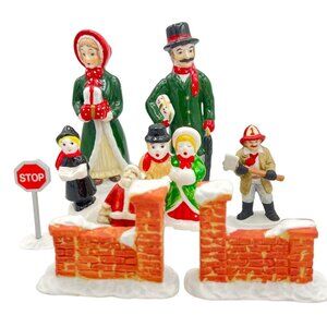 Vintage Christmas Village Figurine Set With Carolers & Santa Brick Walls Fireman